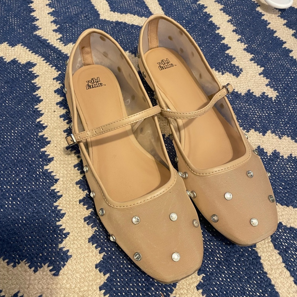 Tan Mary Jane Flats with Silver Accents